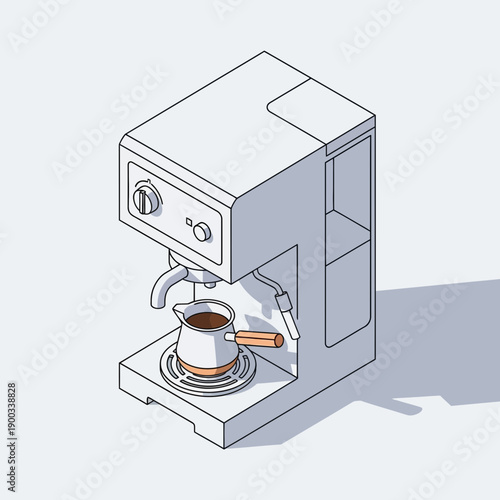 Isometric coffee maker with cezve brewing espresso, minimal design