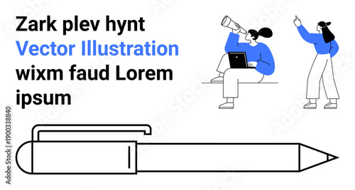 Casual characters engaging in activities thumbs up observation and work, complemented by bold typography and a black pen at the forefront. Ideal for education, technology, writing, marketing, startup