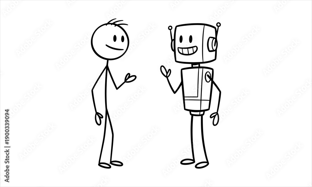 © matahari - A friendly conversation between a human Stick Figure and a modern robot discussing new ideas