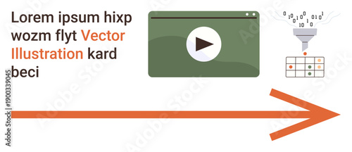 Data streaming, digital content, information transfer, technology workflow, knowledge management, multimedia sharing. A funnel processes binary data into a grid along with a video play icon. Data