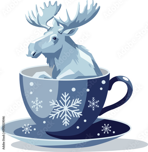 Winter Moose In Blue Snowflake Cup Flat Design Vector Illustration
