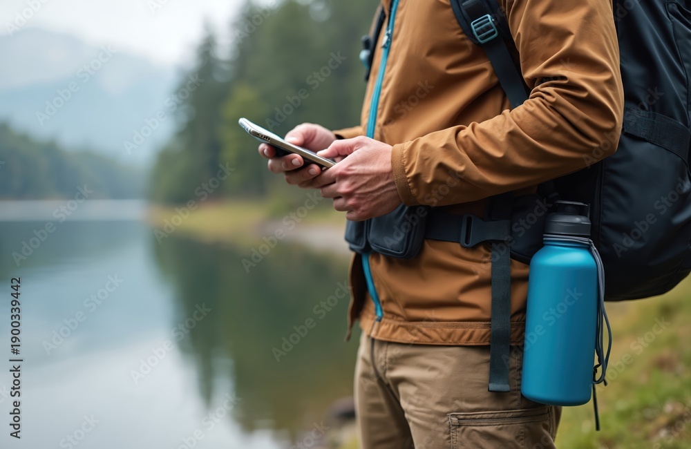 Fototapeta premium Man with backpack on lake shore holds smartphone and portable charger. Traveler recharges phone using power bank near water and forest. Outdoor tech connection concept for journeys.