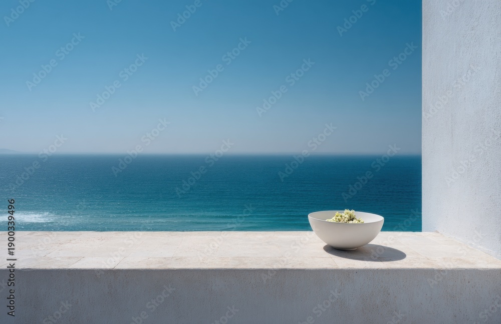 Naklejka premium White Salad Bowl on Ledge Overlooking Blue Ocean