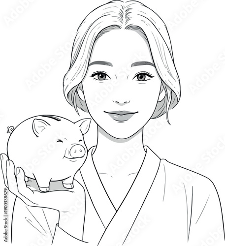 Young Woman Holding Piggy Bank Vector Illustration