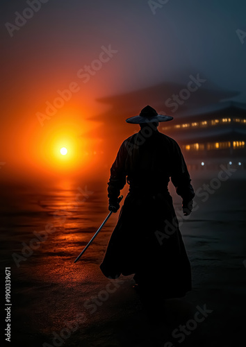 Samurai Silhouette at Sunset, Ancient Temple Scene, Tradition and Elegance, Mystical Mood