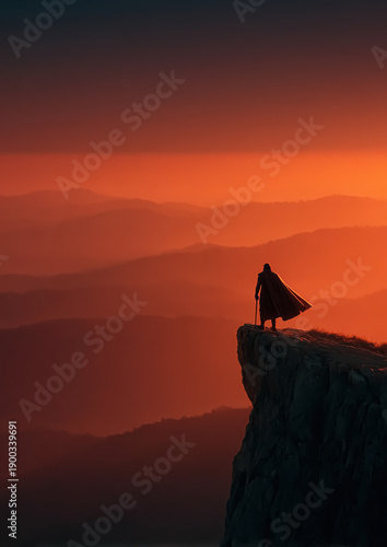 Silhouette of Heroic Figure at Sunrise Over Mountains