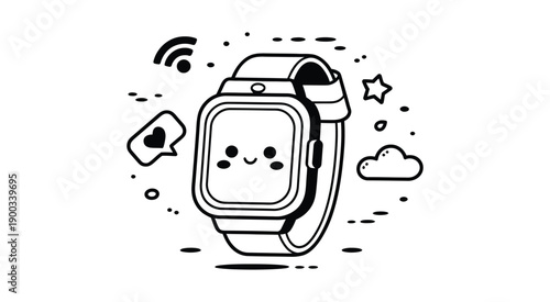 charming smartwatch cartoon line icon character.