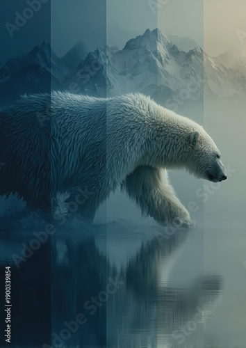 Polar Bear in Arctic Landscape with Mountain Reflection