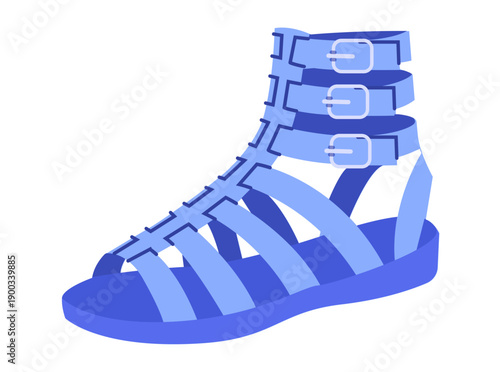 Blue gladiator wedge sandal shoe women flat. Buckle strap high gladiator city summer outfit statement wardrobe. Technical fashion illustration CAD mockup smooth vector man unisex isolated trendy style