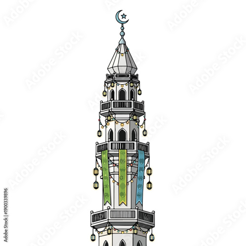 Ornate Minaret Tower with Crescent Moon.