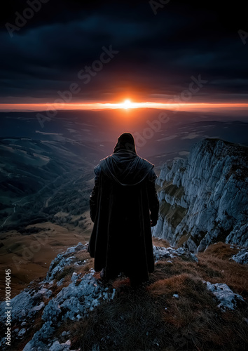 Dramatic Silhouette Figure Overlooking Sunset in Mountains