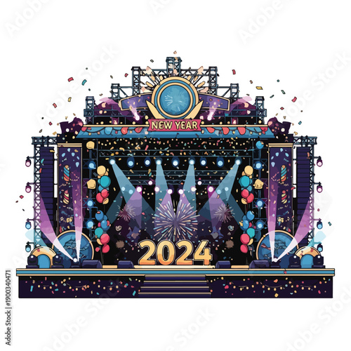 New Year 2024 Stage with Confetti and Lights.