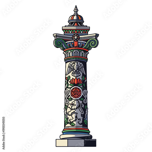 Ornate Column with Decorative Carvings and Finial.