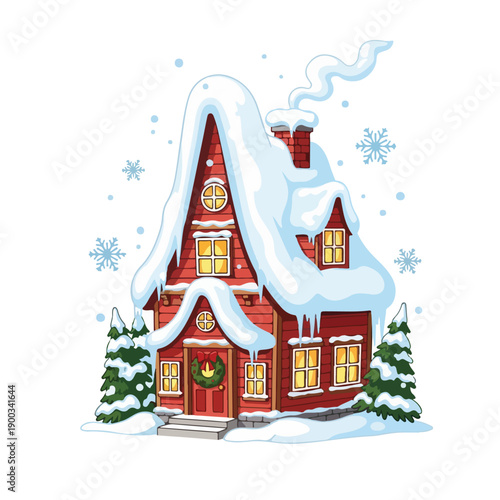 Red Cottage with Snowy Roof and Wreath.