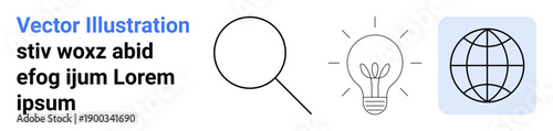 Search, innovation, global reach, ideas, research, connectivity. Magnifying glass, light bulb and globe icons in minimal design. Search and global reach concepts clearly
