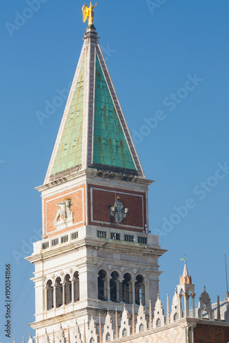 Detail of San Marco tower on San Marco square in Venice