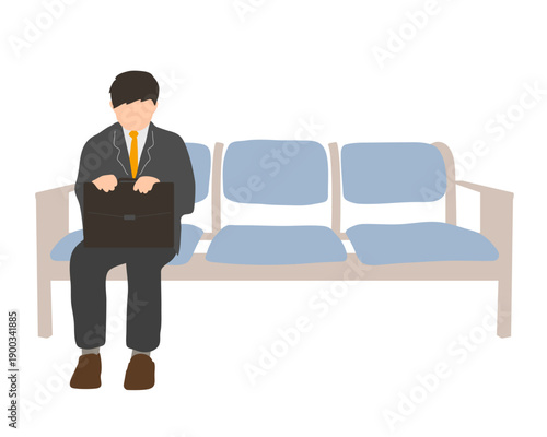 カバンを持って俯いて座るスーツの男性イラスト