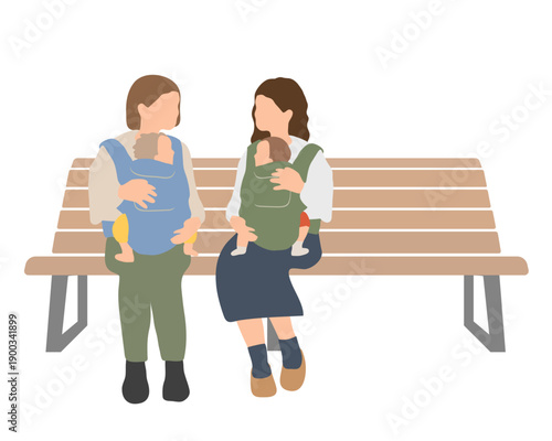 ベンチで赤ちゃんを抱く母親たちの会話シーン