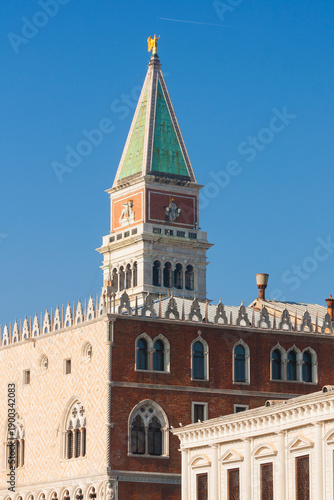 Detail of San Marco tower on San Marco square in Venice