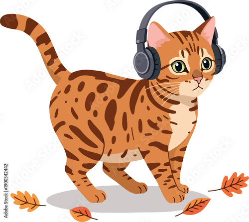 Bengal Cat Wearing Headphones Listening to Music with Autumn Leaves