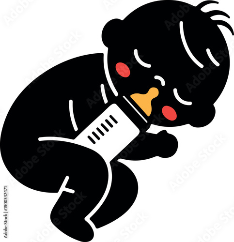 Black Sleeping Baby Sips Milk From Bottle Flat Design Isolated Vector