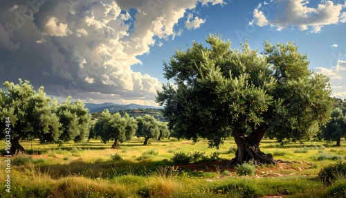A sunlit, expansive landscape showcasing olive trees, a vibrant meadow, and a dramatic sky with puffy clouds. A tranquil scene