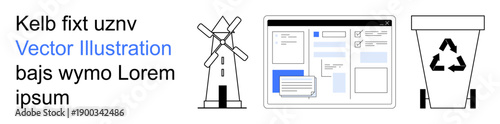 Renewable energy, user interfaces, sustainability, web design, recycling, eco-friendly technology. Minimalist windmill, website interface recycling bin icons. Renewable energy and sustainability