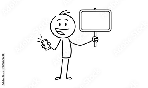 Smiling Stick Figure Holding Smartphone and Blank Sign for Your Message