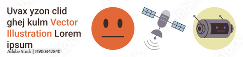 Artificial intelligence, space exploration, communication systems, robotics, facial recognition, satellite technology. Neutral face icon, satellite with signals and robot illustration. Artificial