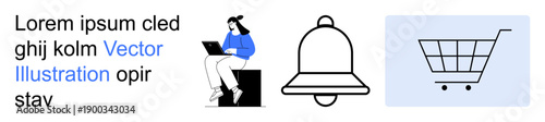 E-commerce, notifications, online technology, customer experience, shopping, business. Woman using laptop, notification bell icon shopping cart. E-commerce and notifications concept