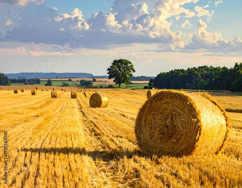 A sunlit field showcases rolled hay bales. A solitary tree stands between rows, under a vibrant, cloud-filled sky. Golden hour paints the land