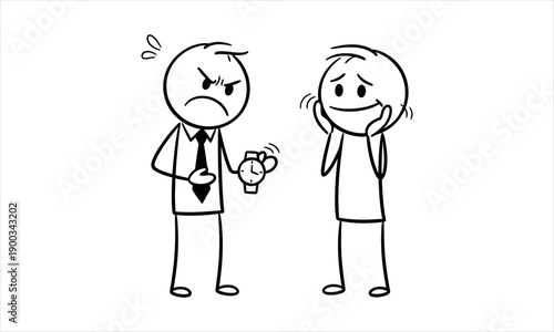 Stick Figure Manager Scolds Worker, Highlighting Urgent Time Issue