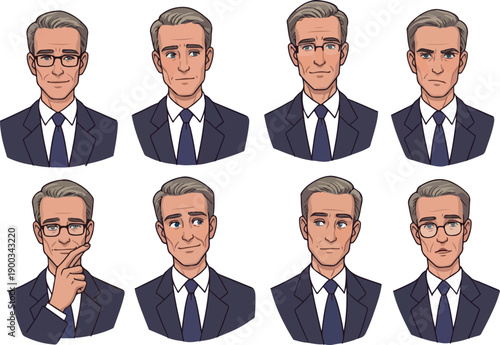 Business Man Pixel Art Emotions Set With Glasses Dark Suit Navy Tie
