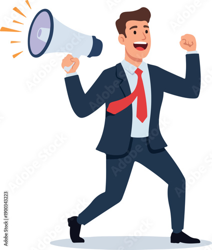 Business Man Loudspeaker Announcing Success with Red Tie and Blue Suit Isolated