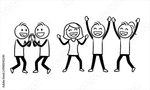 Joyful stick figures celebrating success and teamwork with high-fives and enthusiastic cheers