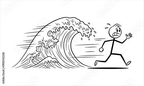 Cartoon stickman running in panic from a massive ocean wave or tsunami disaster
