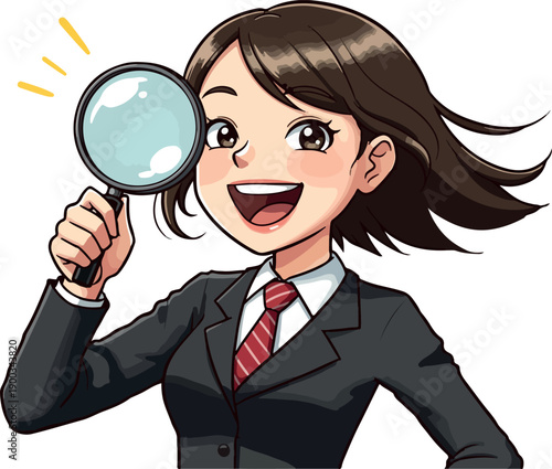 Business Woman Investigator Magnifying Glass Looking Happy