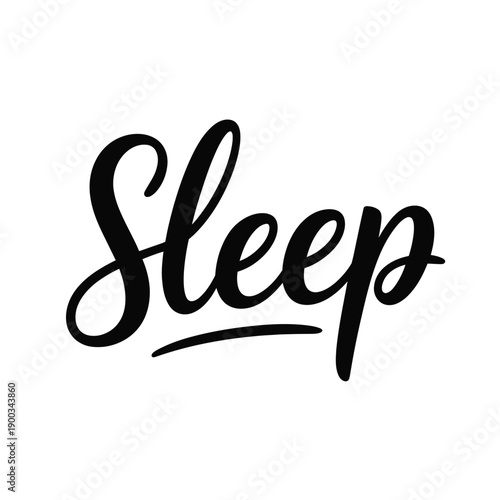 Elegant black script calligraphy spells out the word sleep against a bright white background for concept.