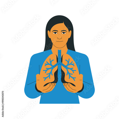 Woman holds internal view of her respiratory system showing the healthy structure of the lungs and trachea.