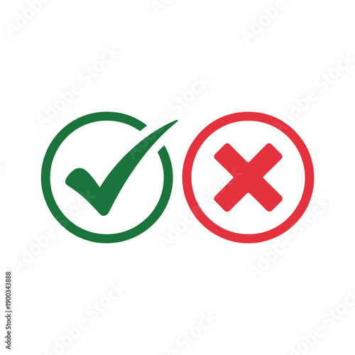 Comparison of a green check mark inside a circle next to a red cross mark inside a circle indicating.