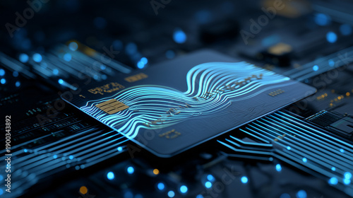 Glowing Digital Smart Card with Microchip on Electronic Circuit Board for Fintech, Cyber Security and Future Banking Technology Concept