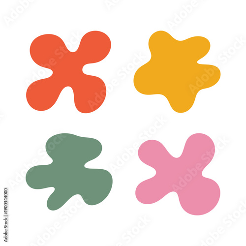 Four brightly colored, abstract organic blob shapes in orange, yellow, green, and pink offer modern design.