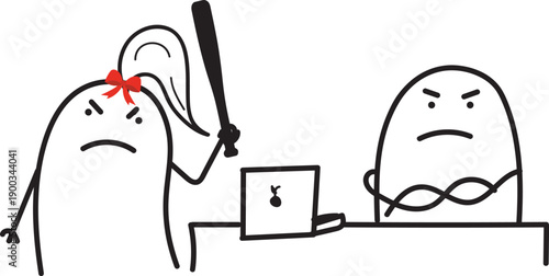 Funny minimalist doodle of an angry woman holding a baseball bat and a grumpy man sitting in front of a notebook