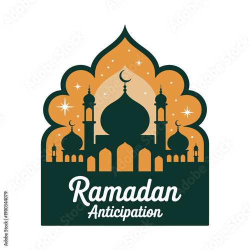Ramadan anticipation illustration features a detailed mosque silhouette within an ornate arch frame.