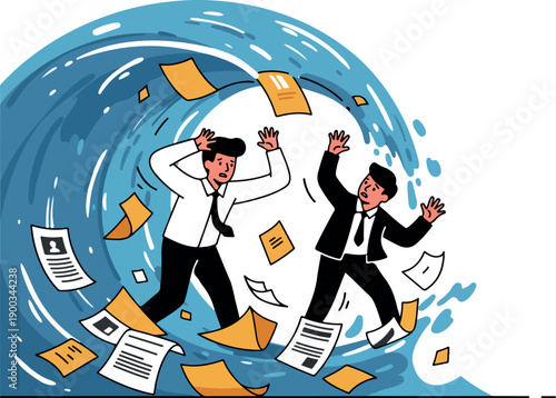 Businessmen Drowning in Paperwork Wave Flat Illustration