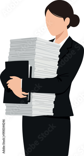 Businesswoman Carrying Stacked Papers in Office Flat Design
