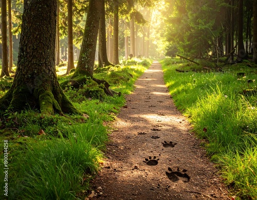 A sunlit forest path with animal tracks leading into the distance, surrounded by green grass and trees. Warm light filters through