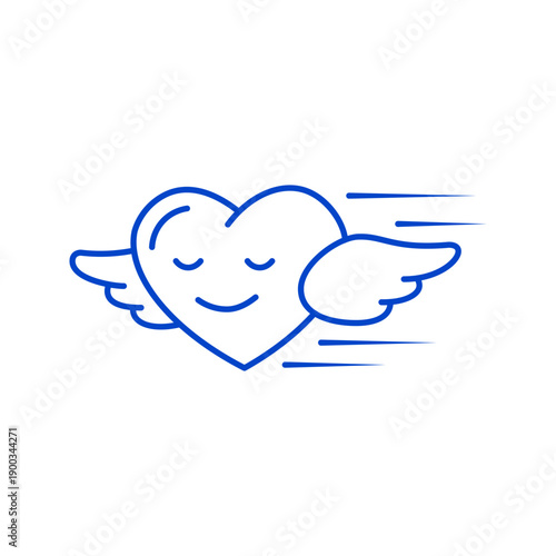 Smiling heart with wings flying fast on valentine's day symbolizing love and affection in a playful cartoonish style