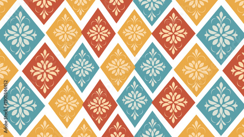 Colorful Geometric Floral Seamless Pattern with Diamond Shapes Vector Background