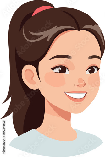 Cartoon Girl Smiling Flat Design Isolated Minimal Illustration With Ponytail